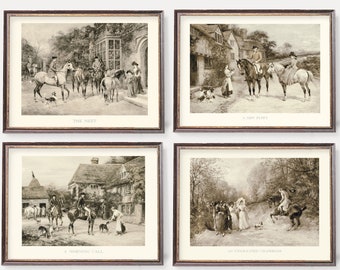 Vintage Horse Art / Antique English Wall Art / Stampe d'arte britanniche / Set di quattro stampe color seppia / Old Country Life Style