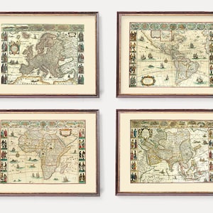 Historische Karten von Kontinenten | Antike Kartographie der Erdkugel: Amerika, Europa, Asien, Afrika | Italienisches Wandkunst-Set