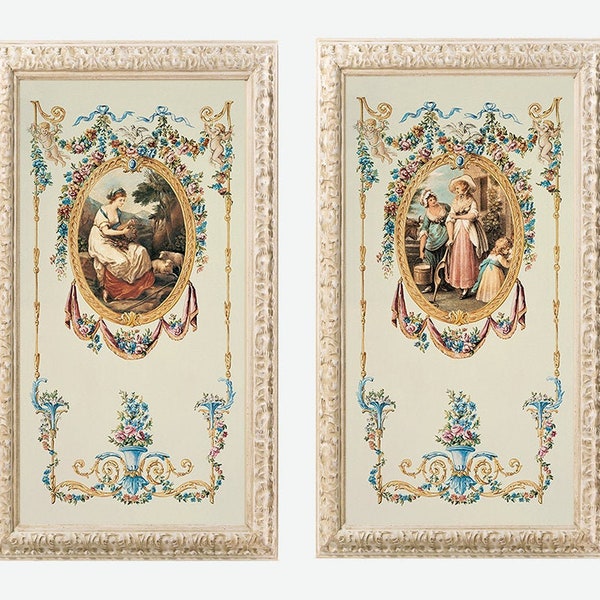 Neoclassical Decor - Victorian Wall Art - Classic Art Print of Shabby Chic Paintings - Set of 2 Romantic Ornamental Decoration Panels