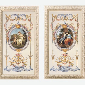 Neoclassical Decor - Victorian Wall Art - Classic Art Print of Shabby Chic Paintings - Set of 2 Romantic Ornamental Decoration Panels