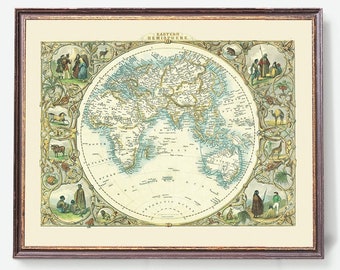 Hémisphère oriental | Carte antique | affiche vintage | Tableau ancien | Ancienne carte de l'Europe, de l'Afrique, de l'Asie et de l'Australie