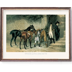 Könnte beinhalten: Ein Vintage-Druck eines Gemäldes, das einen Mann und eine Frau zeigt, die in der Nähe eines Steinbogens mit drei Pferden stehen. Der Mann trägt einen Zylinder und weiße Reithosen. Die Frau trägt ein langes schwarzes Kleid. Das Gemälde trägt den Titel "Twix't Love and Duty".