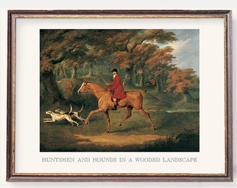 May include: Two framed paintings depicting a man on horseback riding through a wooded landscape with hounds. The top painting is titled "Huntsmen and Hounds in a Wooded Landscape" and the bottom painting is titled "Captain Garth on His Bay Hunter".
