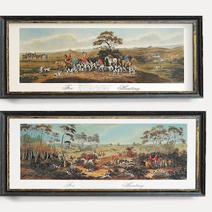 Fox Hunt Art Prints | Old English Hunting Wall Art with Hunters, Dogs & Horses - Set of Four Antique Horizontal Art Prints