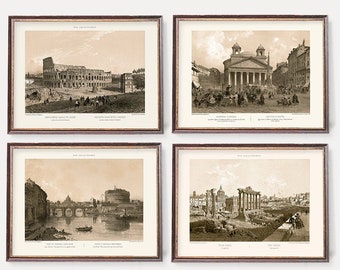 Ancient Rome Art Prints - Classic Wall Art - Colosseum, Pantheon, Castel Sant'Angelo, Forum Romanum , Set of 4 Antique Drawings