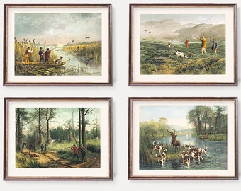 Art mural de chasse au vieux canard et au chevreuil | Impressions d'art animalières vintage - Lot de 4