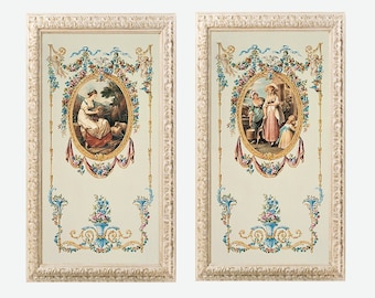 May include: Two framed prints with ornate gold frames and white mats. Each print features a central oval with a pastoral scene of women in a garden setting. The ovals are surrounded by floral garlands and ribbons.