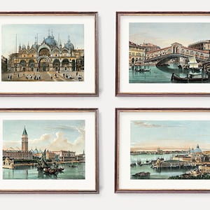 Venice Art Prints - Classic Wall Art - San Marc, Rialto Bridge, View of Venice , Canale Grande Set of 4 Antique Drawings