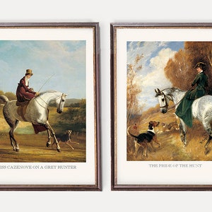 Vintage Horse Riding Prints | Old Equestrian Wall Art | Antique English Illustration with Hunting Ladies on a Horse Ride - Set of Two