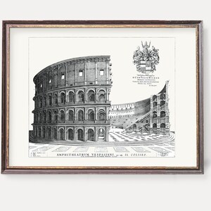 May include: A black and white illustration of the Colosseum in Rome, Italy. The image shows a cutaway view of the amphitheater, revealing its internal structure. The text "AMPHITHEATRV.M. VESPASIANI - IL COLISEO" is printed below the image.