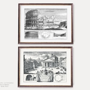 Ancient Rome Art Prints - Classic Wall Art - Colosseum, Pantheon, Set of 2 Antique Architectural Drawings