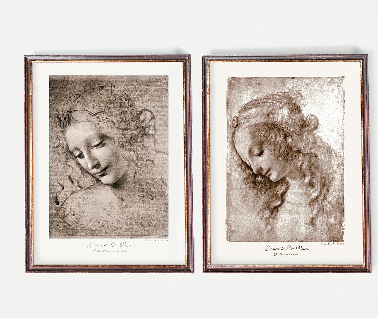Dibujos de Leonardo Da Vinci / Arte renacentista / Retratos femeninos -  Conjunto de dos grabados antiguos italianos en sepia - Etsy México, image size:1500x1263