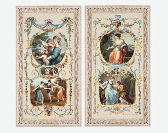 Neoklassizistisches Dekor - Viktorianische Wandkunst - Paar Shabby Chic Kunstdrucke mit Rahmen - 2er Set Romantische Zierleisten