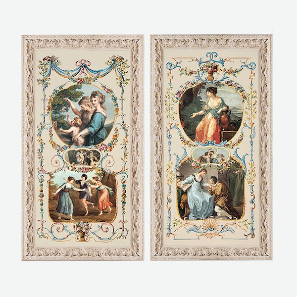 Neoclassical Decor - Victorian Wall Art - Pair of Shabby Chic Art Prints with Frame - Set of 2 Romantic Ornamental Decoration Panels