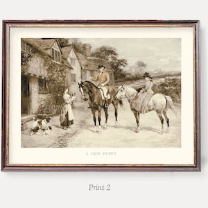 May include: A sepia-toned print of a painting depicting a couple on horseback, a woman holding a small dog, and the text "A New Puppy".