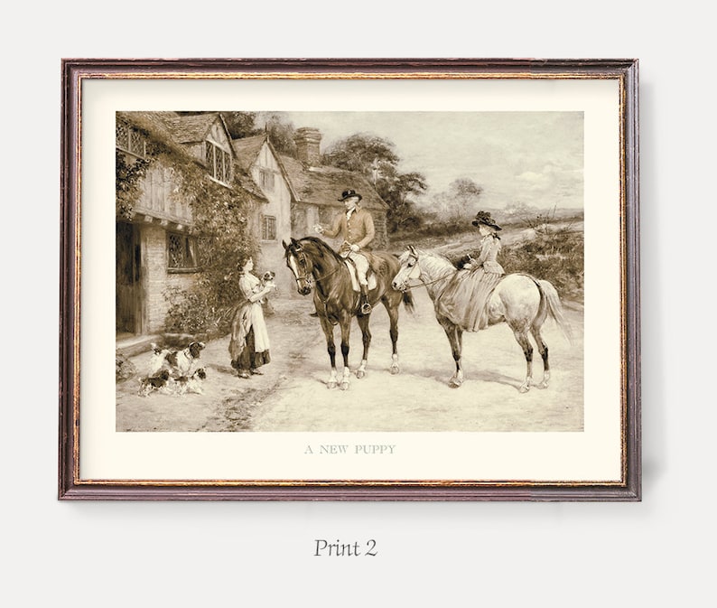 May include: A sepia-toned print of a painting depicting a couple on horseback, a woman holding a small dog, and the text "A New Puppy".
