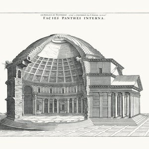 May include: A black and white engraving of the interior of the Pantheon in Rome, Italy. The engraving shows a cutaway view of the dome and the surrounding structure. The text "LE DOME DU PANTHEON" and "FACIES PANTHEI INTERNA" is visible at the top of the engraving.