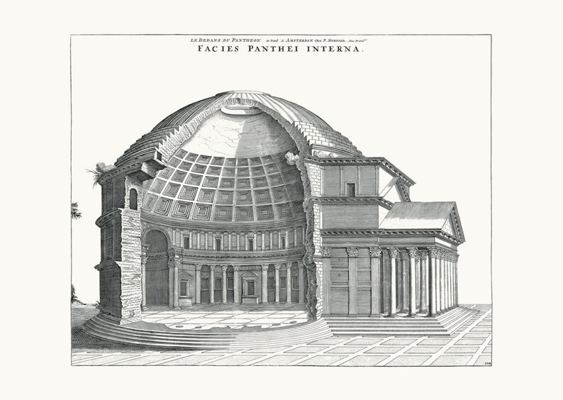 May include: A black and white engraving of the interior of the Pantheon in Rome, Italy. The engraving shows a cutaway view of the dome and the surrounding structure. The text "LE DOME DU PANTHEON" and "FACIES PANTHEI INTERNA" is visible at the top of the engraving.