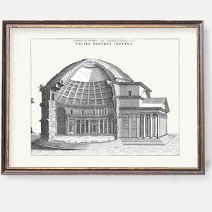 May include: A black and white engraving of the interior of the Pantheon in Rome, Italy. The engraving shows the dome and the surrounding columns. The text "Facies Panthei Interna" is at the top of the engraving.