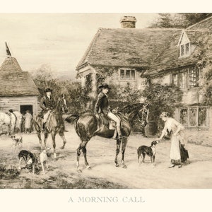 May include: A black and white illustration of a man on horseback greeting a woman standing outside a house. The man is wearing a top hat and riding a horse with a saddle. The woman is wearing a long dress and holding a dog on a leash. The house is a two-story building with a thatched roof and windows. The illustration is titled "A Morning Call."