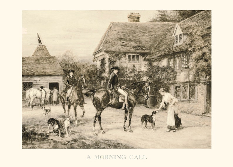 May include: A black and white illustration of a man on horseback greeting a woman standing outside a house. The man is wearing a top hat and riding a horse with a saddle. The woman is wearing a long dress and holding a dog on a leash. The house is a two-story building with a thatched roof and windows. The illustration is titled "A Morning Call."