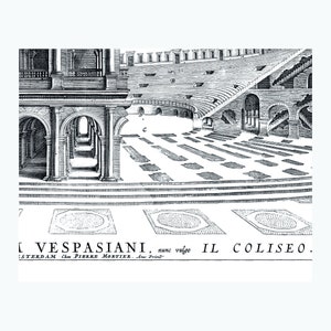 May include: A black and white engraving of the Colosseum in Rome, Italy. The engraving shows the interior of the Colosseum, with the seating areas and the arena floor. The text at the bottom of the engraving reads "[ VESPASIANI, nune vulgo IL COLISEO. STERDAM Cho PIERRE MORTIER. Anne Prin"