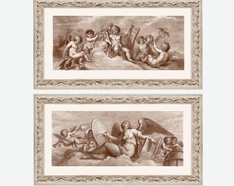 Antike Putten Gravuren | Set aus Zwei Barocken Engeln in Sepia mit verzierten handgefertigten Rahmen |