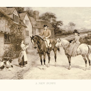 May include: A sepia-toned painting of a man and woman on horseback, with a young woman holding a puppy in front of a brick building. The painting is titled "A New Puppy".