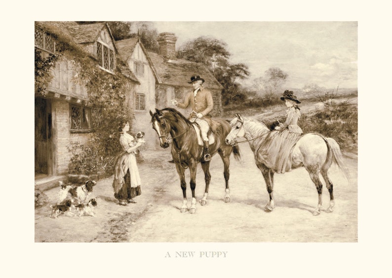 May include: A sepia-toned painting of a man and woman on horseback, with a young woman holding a puppy in front of a brick building. The painting is titled "A New Puppy".