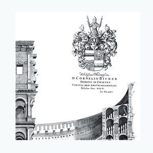 May include: Black and white engraving of a coat of arms with a shield and helmet, surrounded by architectural details. The text below reads "Nobili&szlig;imo Prudenti&szlig;imo D.CORNELIO BICKER DOMINO IN ZWIETEN. CONSVLI REIP AMSTEL&AElig;DAMENSIS Tabulam hanc D.D.D. 10: BLAEV."