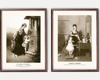 affiches de maternité vintage | Art mural victorien | Illustration française antique avec une mère et son enfant | Gravure en noir et blanc - Lot de deux