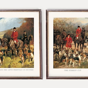 Fox Hunting Art Prints | Antique English Hunters, Dogs and Horses Illustration | Vintage British Wall Art - Set of Two