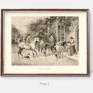 May include: A black and white vintage illustration of a group of people on horseback, with the text "THE MEET" at the bottom of the image.