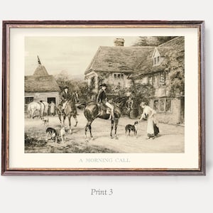 May include: A black and white vintage illustration of a man and woman on horseback, with a dog, in front of a building. The text "A Morning Call" is at the bottom of the image.