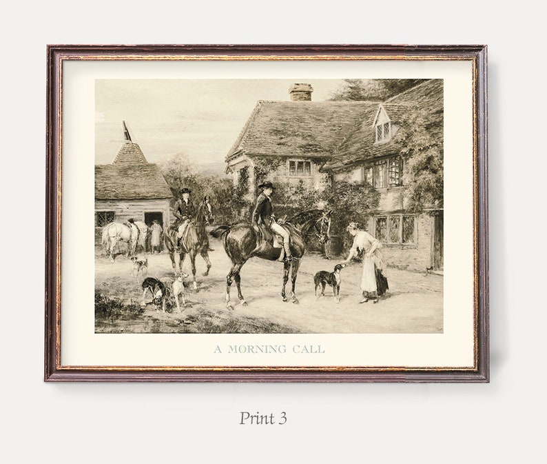 May include: A black and white vintage illustration of a man and woman on horseback, with a dog, in front of a building. The text "A Morning Call" is at the bottom of the image.