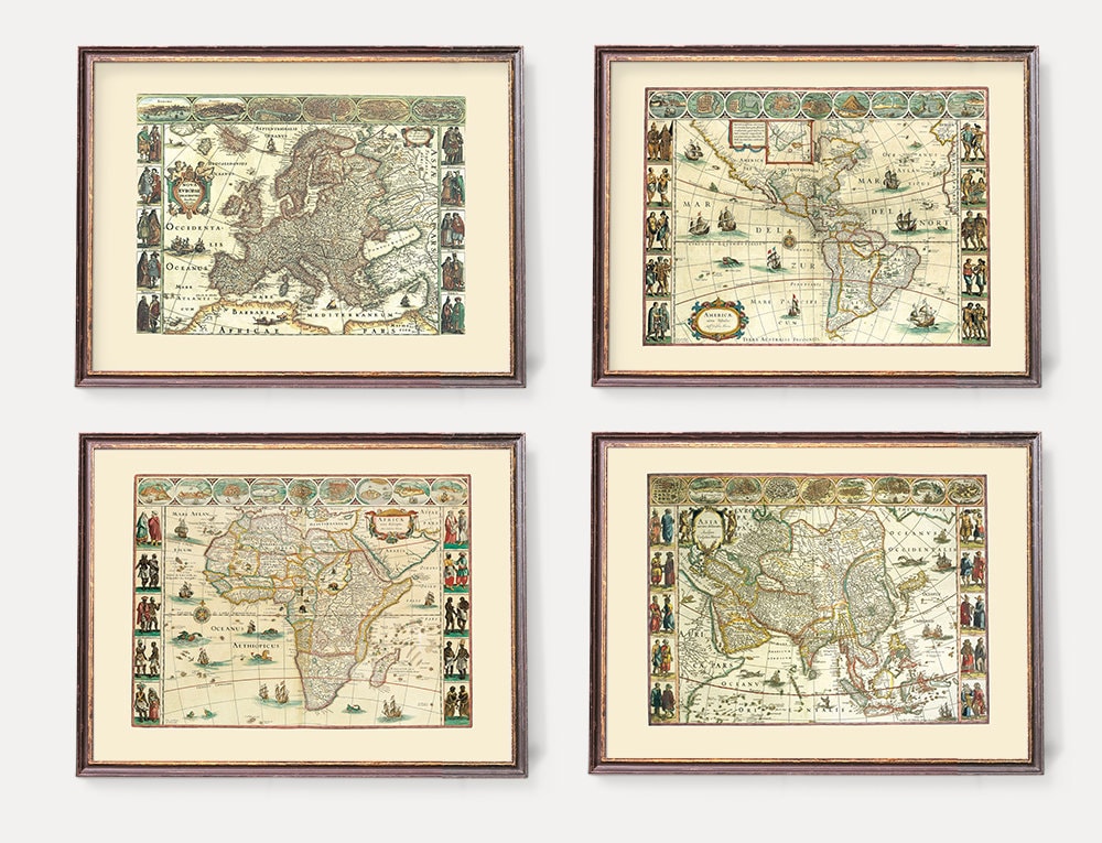 Historical Maps of Continents Prints | Antique Cartography of the Globe: America, Europe, Asia, Africa | Italian Wall Art - Set of Four