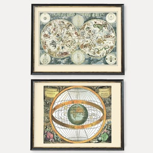 Celestial Planisphere | Old Star Maps | Vintage Poster | Pair of Fine Art Prints of Ancient Star Charts with Globe & Constellations