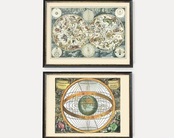 Himmlische Weltkarte | Alte Sternenkarten | Vintage Poster | Ein Paar Kunstdrucke alter Sternenkarten mit Globus & Sternbildern