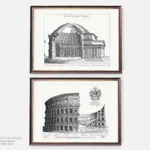 Láminas de arte de la Antigua Roma / Arte mural clásico / Coliseo y Panteón / Ilustraciones de dibujos arquitectónicos - Juego de 2