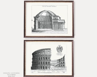 Ancient Rome Art Prints | Classic Wall Art | Colosseum & Pantheon | Illustrations of Architectural Drawings - Set of 2