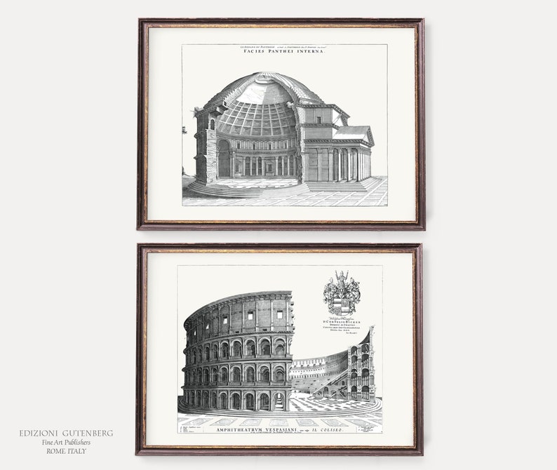 May include: Two black and white illustrations of ancient Roman architecture. The top image shows a cutaway view of the Pantheon, with the text "Facie Panthei Interna." The bottom image shows a cutaway view of the Colosseum, with the text "Amphitheatrum Vespasiani in Coliseo."
