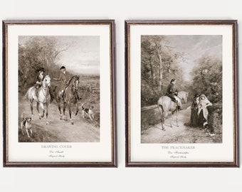 Sepia Prints of English Horse Paintings | Old Equestrian Wall Art | Vintage Horseman Print  - Set of Four