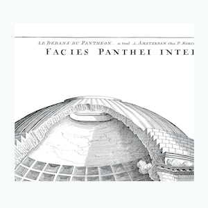 May include: A black and white engraving of the interior of the Pantheon in Rome. The dome is partially cut away to reveal the interior structure. The text "LE DEDANS DU PANTHEON... se Vend A AMSTERDAM Chez P. Morti FACIES PANTHEI INTEI" is visible at the top of the image.