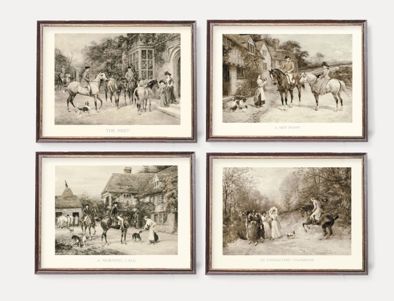 Vintage Horse Art / Antique English Wall Art / Stampe d'arte britanniche / Set di quattro stampe color seppia / Old Country Life Style
