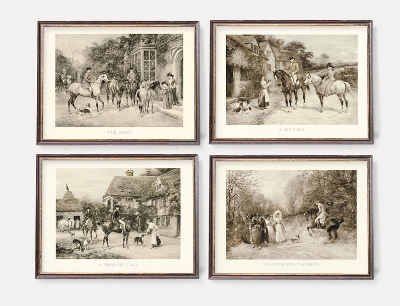 May include: Four black and white vintage illustrations of people on horseback in a rural setting. The illustrations are framed in gold frames and each has a title: "The Meet", "A New Peppy", "A Morning Call", and "An Unexpected Encounter".