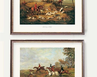 Stampe artistiche di caccia alla volpe / Cacciatori e segugi / Stampe murali di caccia vintage inglese - Set di due