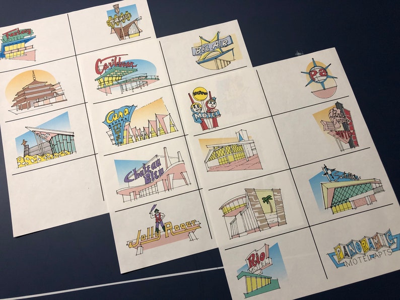 May include: A set of 12 vintage-style motel and hotel logos, each with a unique design and color scheme. The logos feature various architectural styles, including mid-century modern, art deco, and traditional. The logos are printed on white paper and are perfect for use in scrapbooking, card making, or other craft projects.