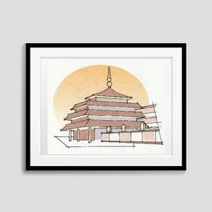 May include: A line drawing of a pagoda with a rounded roof and a spire. The pagoda is set against a yellow sun and a light blue sky.