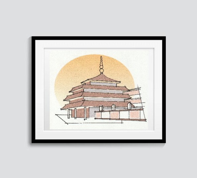 May include: A line drawing of a pagoda with a rounded roof and a spire. The pagoda is set against a yellow sun and a light blue sky.