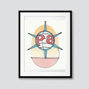 May include: A framed illustration of a stylized globe with the letters "pa" in red on a blue background. The globe is surrounded by a starburst design and a yellow and pink background.